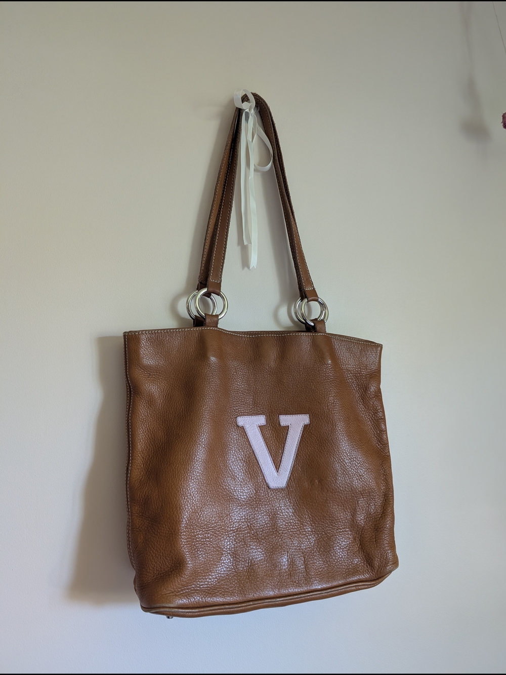 Vtg Roots 'V' Monogram Leather Tote